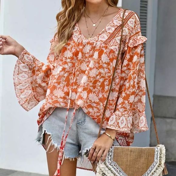 Tops - SOLD OUT Boho Orange Floral Chiffon Tunic Blouse